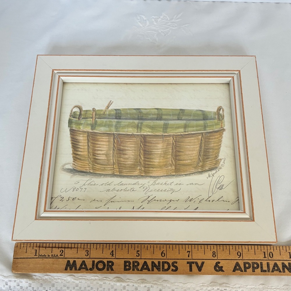 Framed Art Print Laundry Basket Signed K Spicher 2001 Farmhouse Country Cottage - Picture 6 of 12